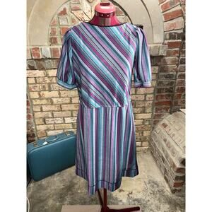 Dress 80s Purple teal striped shirt dress aqua gray